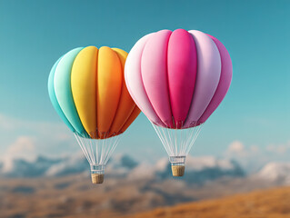 Fototapeta premium Colorful hot air balloons floating against scenic mountain backdrop, evoking sense of adventure and serenity