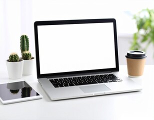 Minimalist White Desk with Laptop and Coffee