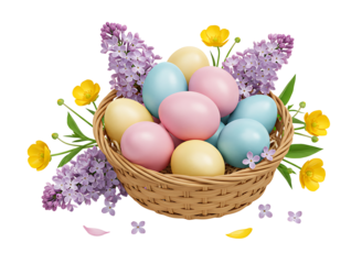 Wicker easter basket filled with pastel colored eggs and spring flowers isolated on transparent background