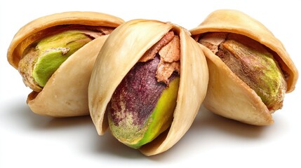 Three pistachios in shells, close-up