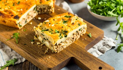 Savory meat pie slice with fresh greens on rustic wooden board, perfect for brunch or dinner