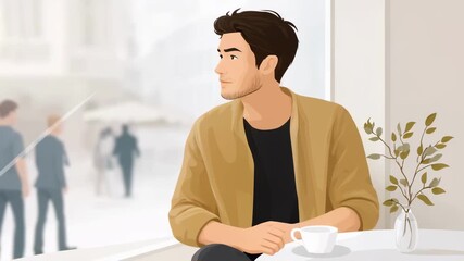 young man drinking coffee in cafe