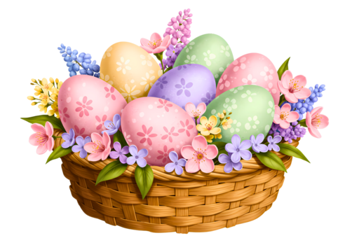 Wicker easter basket filled with pastel colored eggs and spring flowers isolated on transparent background