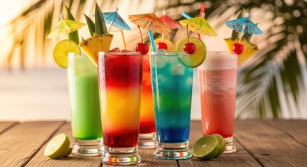 A Vibrant Rainbow of Exotic Cocktails on a Wooden Bar at Sunset Beach