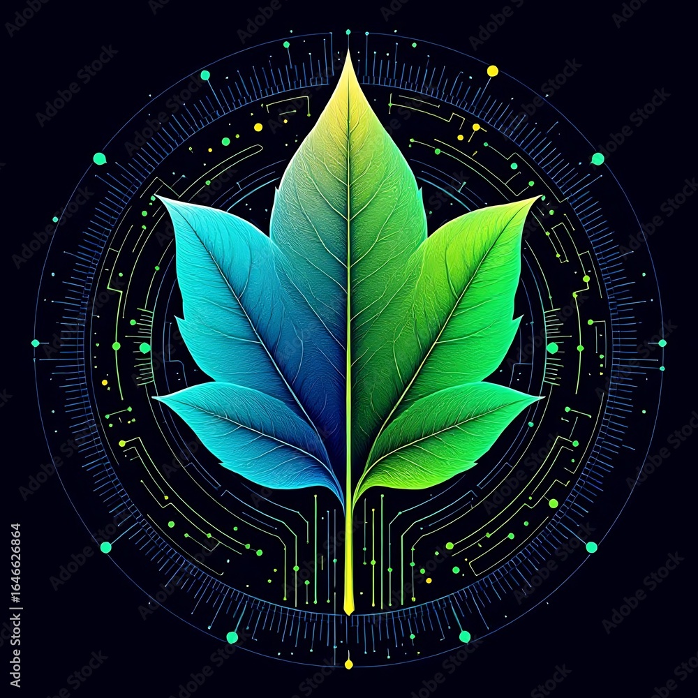 Poster blue green leaf technology background nature innovation digital science connection abstract design a
