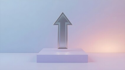 A sleek metallic arrow pointing upwards symbolizing growth progress and success presented on a minimalist pedestal against a soft gradient background