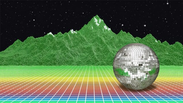 Retro landscape, mountains, disco ball