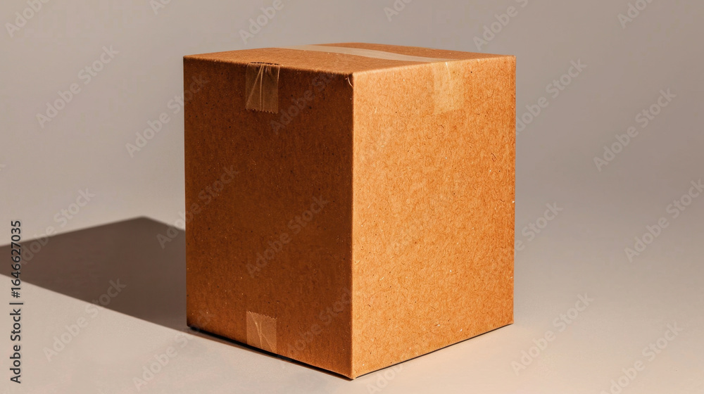 Poster Closed brown kraft cardboard box with tape, showcasing simple and clean design. box is positioned to create soft shadow, evoking sense of minimalism and functionality