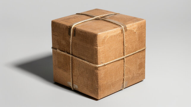 Closed brown kraft cardboard box secured with twine, showcasing simple and eco friendly packaging option. Ideal for shipping or storage needs, this box represents sustainability and practicality