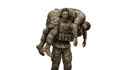 Obraz premium Soldier carrying injured comrade, camouflage uniform, tactical vest and pouches, battlefield medical rescue, full body isolated on transparent background, realistic military evacuation assistance and 