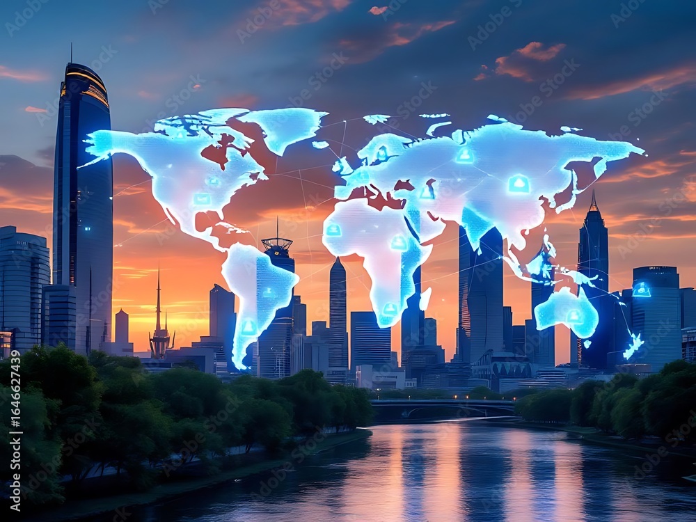 Poster globalization technology world map network connection in cityscape at sunset for business and innova