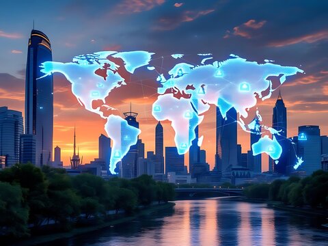 Globalization technology world map network connection in cityscape at sunset for business and innovation on transparent background