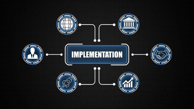 implementation concept on grid background and 3d animation. 
Internet, business, Technology and network concept