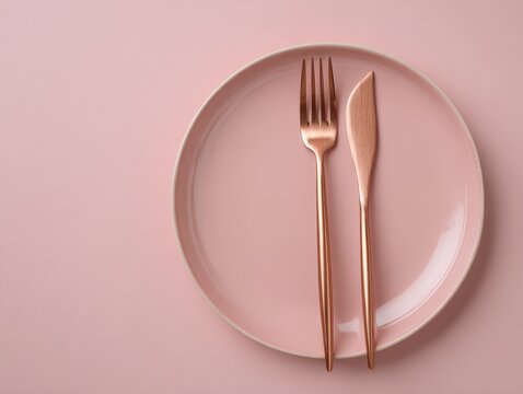 Rose Gold Forks on Pink Plate Minimalist Table Setting - Powered by Adobe