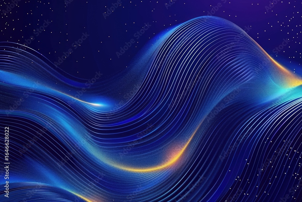 Poster abstract blue and gold flowing waves with glittering particles on a dark background. background imag