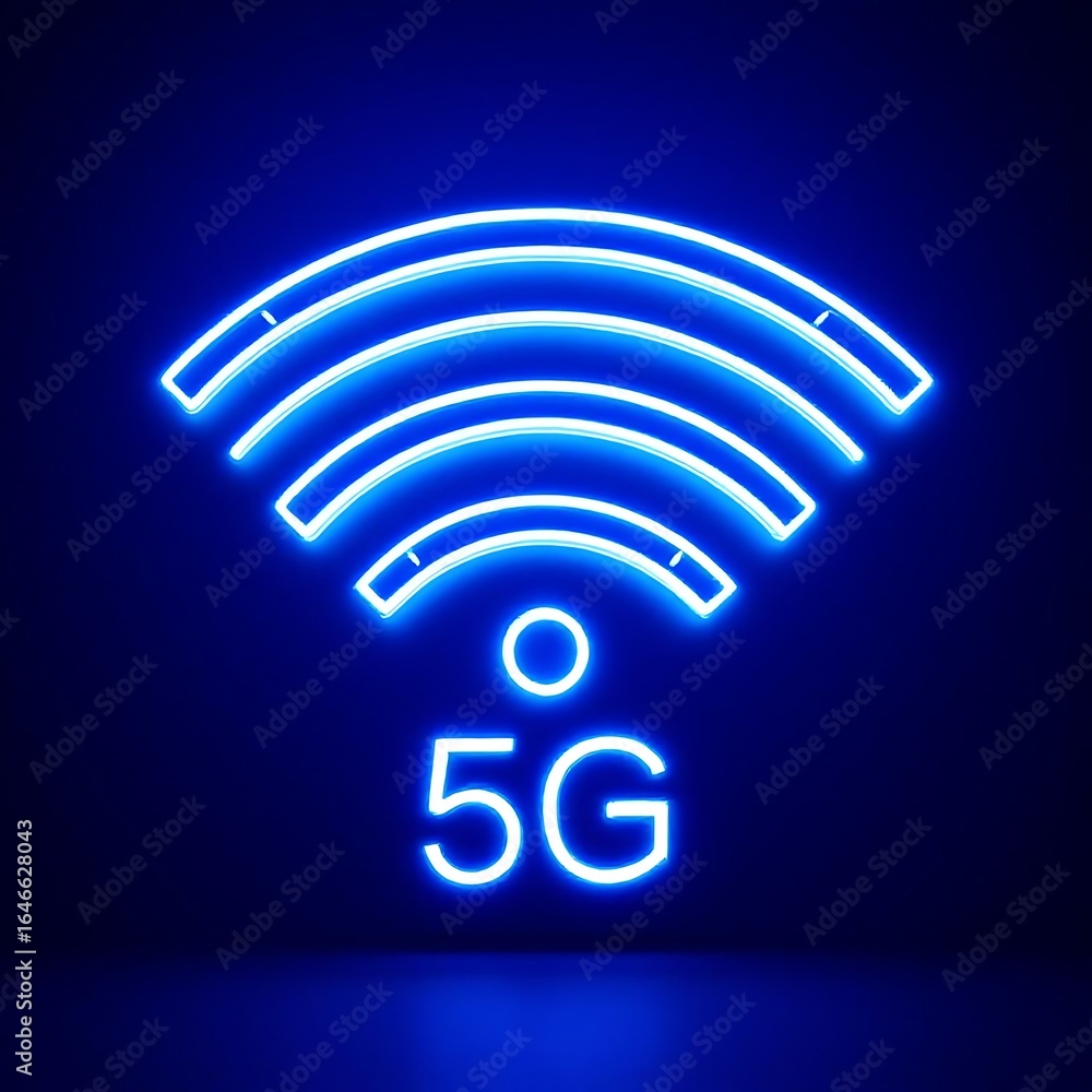 Poster neon wifi signal graphic for wireless internet connectivity and network technology five g connection