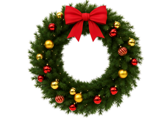 Festive christmas wreath with red bow and ornaments isolated on transparent background