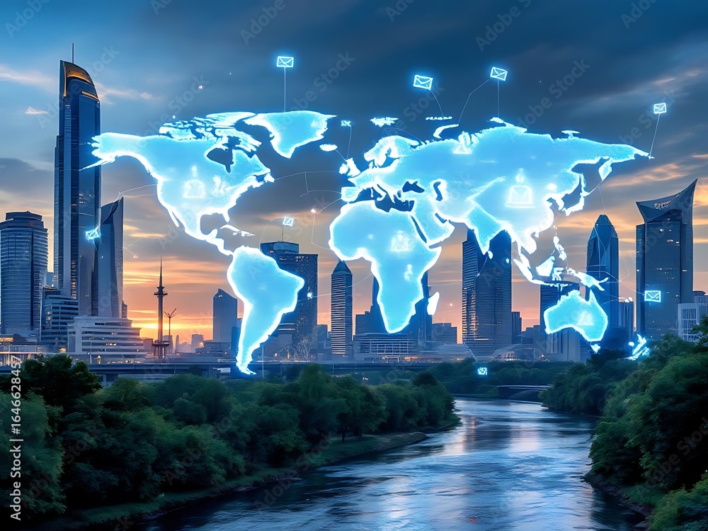 Poster global communication network connecting cities with digital world map technology concept on transpar