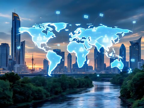 Global communication network connecting cities with digital world map technology concept on transparent background