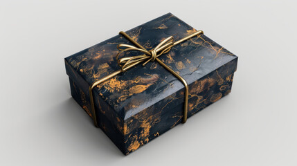 Beautifully wrapped gift box featuring dark, metallic paper with gold accents and decorative bow. This elegant packaging is perfect for special occasions, evoking sense of luxury and anticipation