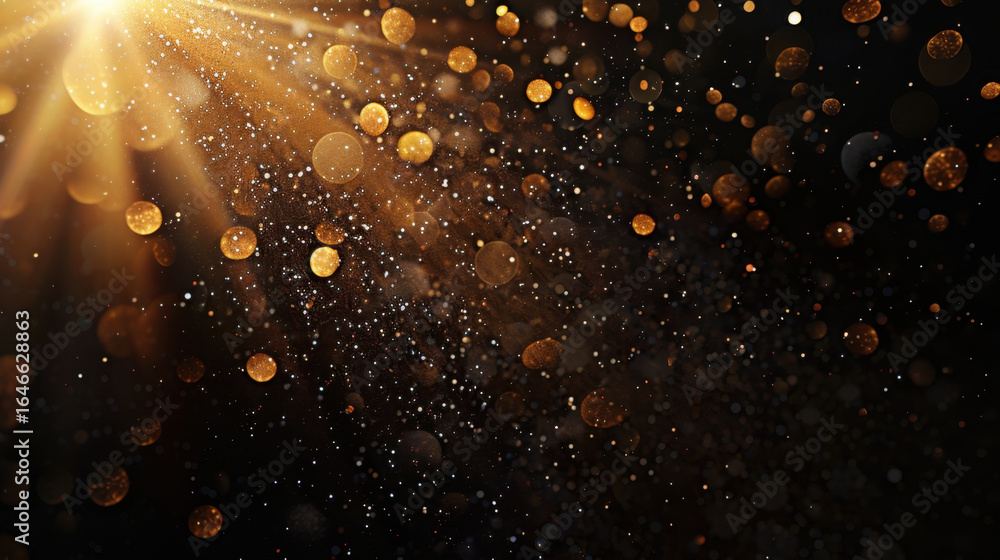Poster glittering golden particles explode outward against dark background, creating mesmerizing display of