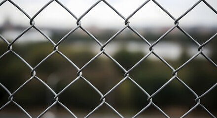 Fototapeta premium Close-up view of a weathered chain-link fence with a blurred outdoor background, highlighting its metallic texture and geometric pattern.