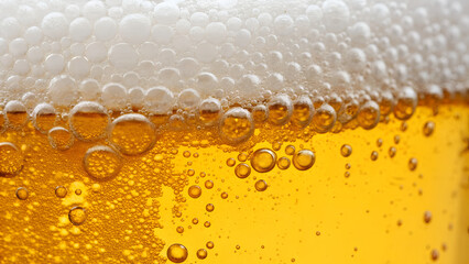 Close up view of Cold beer in glass with foam overflowing
