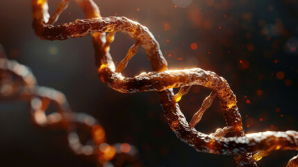 Glowing DNA helix structure with intricate details and warm, luminous effect, symbolizing life and genetic information. background features soft bokeh effect, enhancing visual appeal