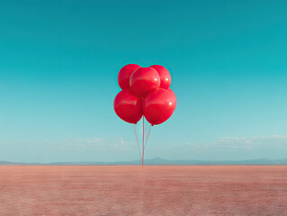Fototapeta premium Red balloons floating in clear desert landscape under bright blue sky, evoking sense of serenity and minimalism