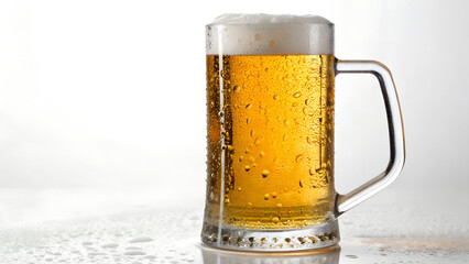Cold beer in mug on white surface with foam overflowing in white background