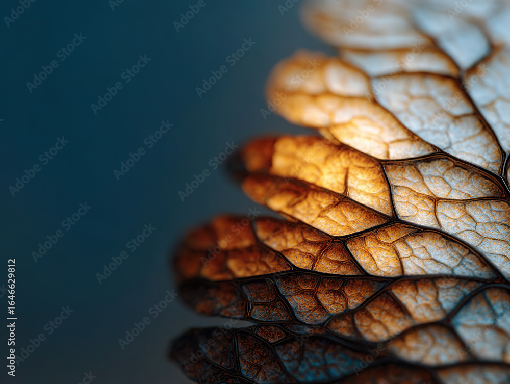 Poster close up of dried leaf veins illuminated by warm light, showcasing intricate textures and patterns a