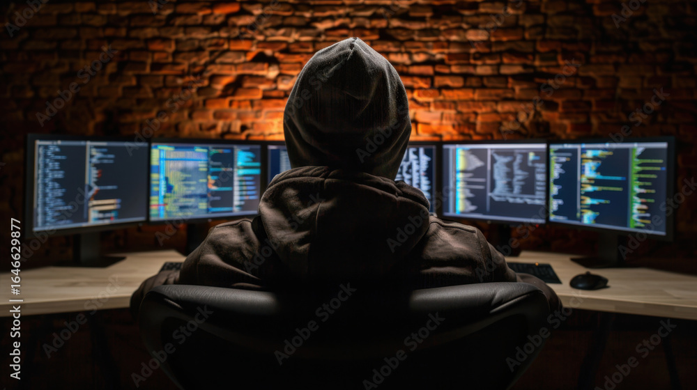 Poster hacker in hoodie works intently at multiple computer monitors displaying code and data, surrounded b