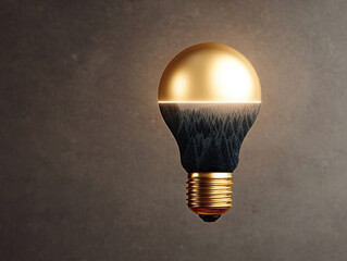 Golden light bulb with forest landscape inside symbolizes creativity and nature inspired innovation