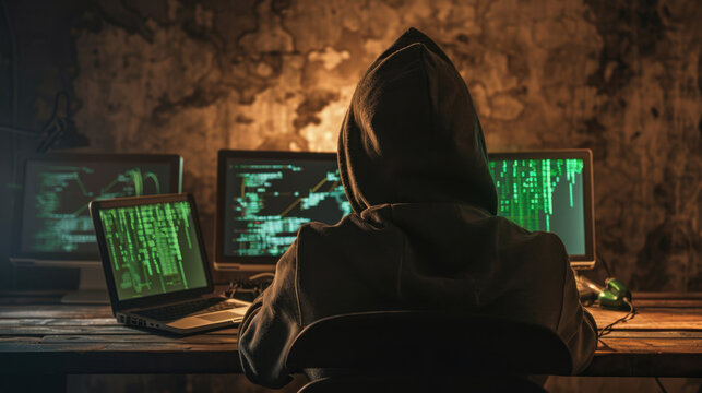 Dark hoodie hacker working on multiple screens displaying green code, creating intense atmosphere of secrecy and technology