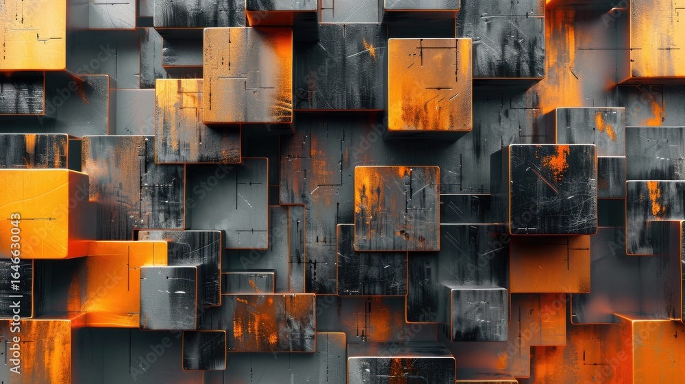 Poster abstract metallic geometric blocks in grey and gold. abstract artwork of 3d rendering art with geome