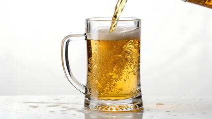 Cold beer pouring in mug on white surface in white background