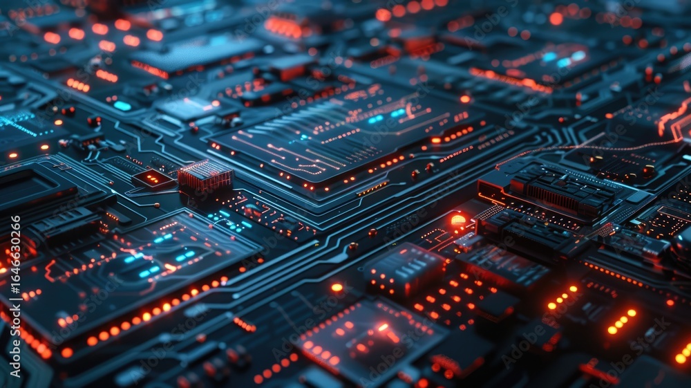 Poster abstract of chip on complex circuit with digital technology style design and the electric light grap