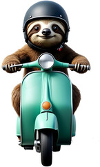 A whimsical and cute sloth wearing a helmet while riding a scooter, a fun and playful illustration.