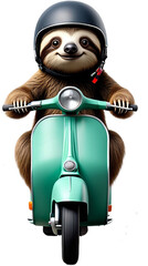A whimsical and cute sloth wearing a helmet while riding a scooter, a fun and playful illustration.