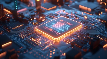 A glowing IoT hub surrounded by ecofriendly tech devices