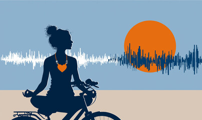 Silhouette of woman meditating on bicycle with sound waves and orange sun