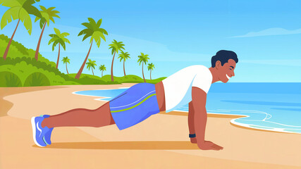 Man Doing PushUps on Sandy Beach with Palm Trees, Tropical Illustration, Workout