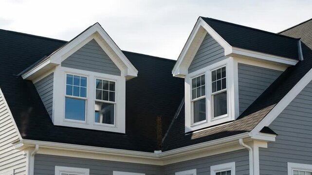 Modern residential house exterior with new roof and elegant dormer windows under a clear sky, showcasing contemporary architectural design.