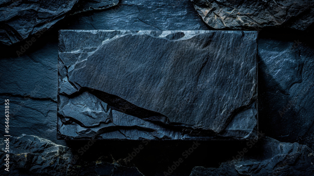 Aufkleber sleek rectangular stone slab resting on textured dark slate surface, showcasing natural patterns and
