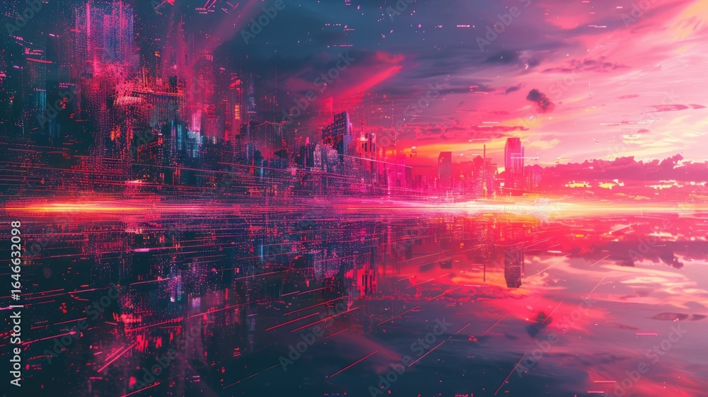 Poster digital tunnel with bright light and vibrant colorful pixels. technology and sci-fi concept for wall