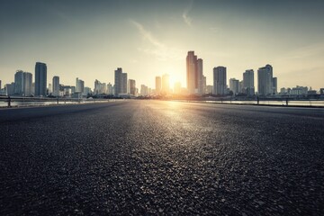 Asphalt road leading to a city skyline at sunset