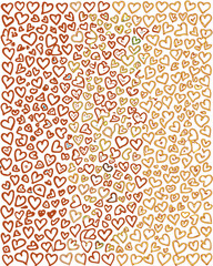 A collection of hand-drawn hearts in a gradient color scheme. A background of lots of heart shapes in a range of warm hues
