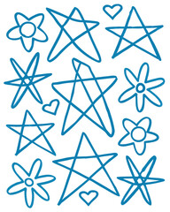 A collection of hand-drawn blue stars and flowers, with cute heart shapes and various shapes, adding a touch of playful charm and whimsy