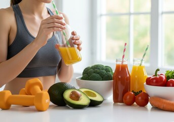 Woman drinking healthy juice with fresh fruits and vegetables