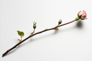 Fototapeta premium Delicate Pink Rose Bud and Stem on White Background with Shadow